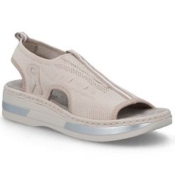 Sandały damskie na platformie wsuwane różowe Rieker V59B5-31. Czerwone sandały damskie Rieker, bez wzorów, z tkaniny, bez obcasa, na platformie, bez zapięcia. Za 319.00 zł.