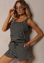 Czarne Szorty Dresowe High Waist z Bawełny w Paski Ściągane Troczkiem Celisea. Czarne szorty sportowe damskie Renee, na lato, l, bez wzorów, z bawełny, eleganckie, z podwyższonym stanem. Za 59.99 zł.