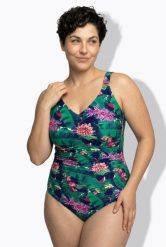 Damskie Kostium kąpielowy kwiaty marszczenie miękkie miseczki. Zielone kostiumy jednoczęściowe damskie Ulla Popken, plus size, bez wzorów, z elastanu, plus size, do pływania. Za 191.99 zł.
