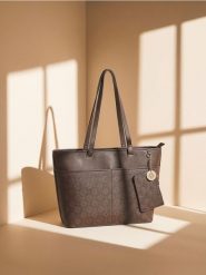 Torba shopper z portfelem i złotym wykończeniem - wielobarwny. Żółte torebki shopper damskie Sinsay, bez wzorów, bez dodatków. Za 49.99 zł.