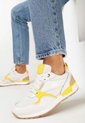 Biało-Żółte Sneakersy z Cholewką przed Kostkę i Ozdobnymi Przeszyciami Elsinaine. Białe obuwie sportowe damskie Born2be, bez wzorów. Za 44.99 zł.