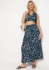 Granatowo-Zielony Dwuczęściowy Komplet w Kwiaty Top na Ramiączkach Spódnica z Gumką w Pasie Dimantia. Zielone spódnice damskie Born2be, m, bez wzorów, z wiskozy, eleganckie, rozkloszowane. Za 69.99 zł.