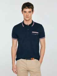 Koszulka męska polo z kontrastowym wykoŅczeniem granatowa Polos 403. Niebieskie koszulki polo męskie Big Star, l, bez wzorów, z dzianiny, biznesowe, bez ramiączek. Za 139.99 zł.
