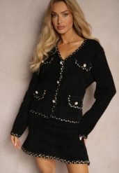 Czarny Dzianinowy Komplet z Wiskozy z Kardiganem i Spódnicą z Elegancką Lamówką Mialivia. Czarne spódnice damskie Renee, z aplikacjami, z dzianiny, biznesowe. Za 149.99 zł.