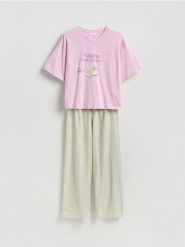 Dwuczęściowa piżama z bawełny - jasnozielony. Zielone piżamy damskie Reserved, l, bez wzorów, z bawełny, bez ramiączek. Za 129.99 zł.