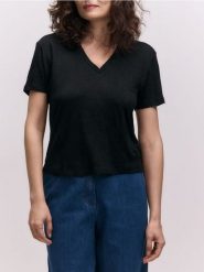 Lniany t-shirt - czarny. Czarne t-shirty damskie Reserved, l, bez wzorów, ze lnu, klasyczne, bez kołnierzyka. Za 139.99 zł.