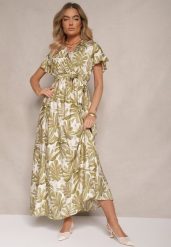 Zielona Sukienka w Listki z Elastyczną Gumką w Talii i Wiązanym Paskiem Jaliren. Zielone sukienki damskie Renee, na co dzień, l, bez wzorów, eleganckie, bez kołnierzyka, bez ramiączek, maxi, kopertowe. Za 59.99 zł.