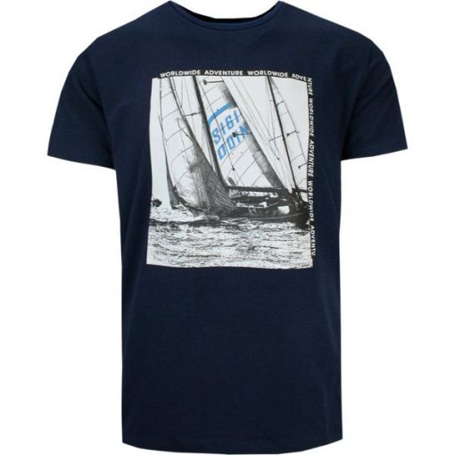 T-Shirt Męski Granatowa z Nadrukiem w Żaglówkę, Koszulka, Krótki Rękaw, U-neck. Niebieskie t-shirty męskie MCL, na lato, l, bez wzorów, z bawełny, casualowe, bez kołnierzyka. Za 119.00 zł.
