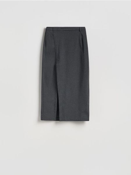 Spódnica midi z rozcięciem - szary. Szare spódnice damskie Reserved, l, bez wzorów, z tkaniny, midi, dopasowane. W wyprzedaży za 59.99 zł.