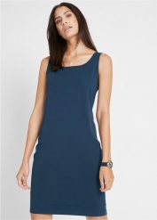 Sukienka shirtowa (2 szt.). Niebieskie sukienki damskie bonprix, bez wzorów, bez kołnierzyka, bez ramiączek. Za 99.99 zł.