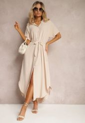 Beżowa Koszulowa Sukienka z Wiskozy z Materiałowym Paskiem w Talii Gialara. Brązowe sukienki damskie Renee, na co dzień, l, bez wzorów, z materiału, eleganckie, bez kołnierzyka, bez ramiączek, maxi, koszulowe. Za 59.99 zł.