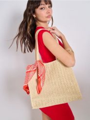 Torebka pleciona shopper z ozdobną apaszką - kremowy. Białe szaliki i chusty damskie Sinsay, bez wzorów. W wyprzedaży za 39.99 zł.