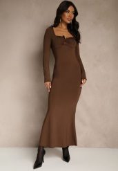 Brązowa Sukienka Koktajlowa z Wiskozą Ozdobiona Metaliczną Aplikacją Refane. Brązowe sukienki damskie Renee, na imprezę, na lato, s, z aplikacjami, z wiskozy, bez kołnierzyka, bez ramiączek, maxi. Za 139.99 zł.