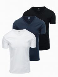 Zestaw męskich t-shirtów bawełnianych V-neck BASIC – czarny/biały/granatowy V1 - Rozmiar: S. Białe t-shirty męskie Ombre Clothing, l, bez wzorów, z bawełny, bez kołnierzyka. Za 149.99 zł.