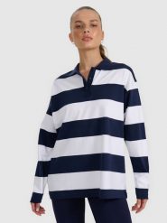 4F Longsleeve oversize damski - granatowy S. Niebieskie koszulki sportowe damskie 4f, s, bez wzorów, z bawełny, bez kołnierzyka, bez ramiączek. W wyprzedaży za 89.99 zł.