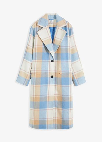 Płaszcz oversize z materiału z imitacji wełny. Niebieskie kurtki damskie bonprix, bez wzorów, z wełny, bez kaptura. Za 359.99 zł.