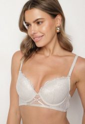 Szary Biustonosz Typu Push-Up Ozdobiony Koronką Paskami i Aplikacją Ezinzee. Szare biustonosze Born2be, z aplikacjami, z koronki. Za 39.99 zł.