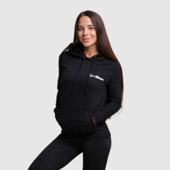 Bluza damska fitness z kapturem czarna PRO. Czarne bluzy damskie GYMBEAM, xl, bez wzorów, z bawełny, z kapturem, na fitness i siłownię. Za 88.90 zł.