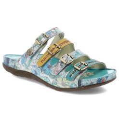 Klapki damskie Laura Vita, skórzane na płaskiej podeszwie z miękkimi wkładkami klasyczne z klamrami, turkusowe, Lillo-5025-CX1933-50. Niebieskie sandały damskie Laura Vita, z aplikacjami, bez obcasa, na płaskiej podeszwie, bez zapięcia. Za 269.00 zł.