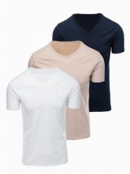 Zestaw bawełnianych męskich koszulek V-neck BASIC – biały/piaskowy/granatowy V12 - Rozmiar: S. Szare t-shirty męskie Ombre Clothing, m, bez wzorów, z bawełny, biznesowe, bez kołnierzyka. Za 169.99 zł.