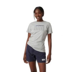 Koszulka damska Helly Hansen Ocean Race. Szare koszulki sportowe damskie Helly Hansen, bez wzorów, bez kołnierzyka, bez ramiączek, narciarskie. Za 215.00 zł.