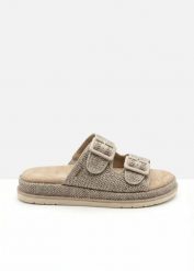 Klapki Tom Tailor na platformie o wyglądzie szydełkowanym. Brązowe klapki damskie bonprix, bez wzorów, eleganckie, bez obcasa, na platformie. Za 209.99 zł.