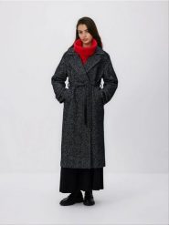 Wiązany płaszcz z wełną - czarny. Czarne płaszcze damskie Reserved, l, bez wzorów, z tkaniny, bez kaptura. Za 359.99 zł.