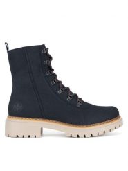 Rieker Trzewiki 72643-14 Niebieski. Niebieskie botki damskie Rieker, z materiału, bez obcasa, na płaskiej podeszwie, bez zapięcia. Za 265.99 zł.