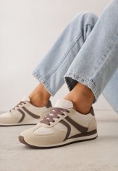 Beżowe Sneakersy Sportowe z Imitacji Zamszu z Geometrycznymi Wstawkami Shanoom. Brązowe obuwie sportowe damskie Born2be, bez wzorów, z dzianiny. Za 119.99 zł.