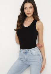 Czarny Top z Modalem i Wiskozą Sanilatia. Czarne bluzki damskie Born2be, na lato, m, bez wzorów, z jeansu, eleganckie, bez kołnierzyka, bez ramiączek. Za 84.99 zł.