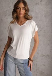 Biały Wiskozowy T-shirt z Dekoltem V Eupharis. Białe bluzki damskie Renee, l, bez wzorów, z jeansu, eleganckie, bez kołnierzyka. Za 79.99 zł.