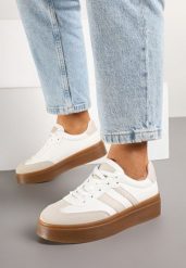 Beżowo-Białe Sneakersy w Stylu Tenisówek z Geometrycznym Wzorem Avelresil. Brązowe obuwie sportowe damskie Born2be, bez wzorów, z jeansu, tenisowe. Za 89.99 zł.