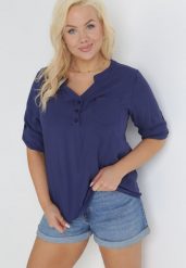 Granatowa Bluzka z Wiskozy i Rękawem 3/4 Arerissa. Niebieskie bluzki damskie Born2be, m, bez wzorów, z jeansu, bez kołnierzyka, bez ramiączek. Za 54.99 zł.