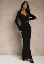 Czarna Taliowana Sukienka Koktajlowa Lonsgleeve z Elegancką Aplikacją Idirena. Czarne sukienki damskie Renee, m, z aplikacjami, eleganckie, bez kołnierzyka, bez ramiączek, maxi, oversize. Za 149.99 zł.