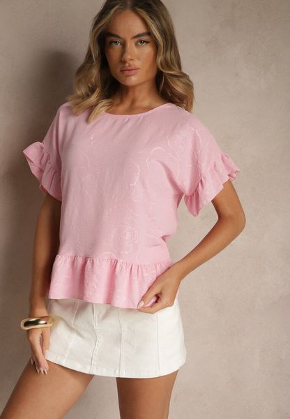 Różowa Bluzka Oversize Ozdobiona Falbanami Liriele. Czerwone bluzki damskie Renee, bez wzorów, z jeansu, bez kołnierzyka, bez ramiączek. Za 49.99 zł.