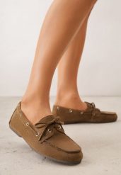Ciemnobeżowe Mokasyny VICES ze Skórzaną Wkładką Ozdobione Wiązaniem Pireronei. Brązowe mokasyny damskie Born2be, z materiału, klasyczne. Za 89.99 zł.