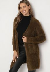Brązowy Niezapinany Kardigan z Wełną i Wsuwanymi Kieszeniami Riabelle. Brązowe kardigany damskie Born2be, bez wzorów, z jeansu, eleganckie, bez kołnierzyka, bez ramiączek, długie, bez kaptura. Za 99.99 zł.
