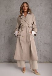 Beżowy Płaszcz Trencz z Bawełny i Wiskozy z Wiązanym Paskiem i Klapą Lissien. Brązowe płaszcze damskie Renee, l, bez wzorów, z bawełny, bez kaptura. Za 209.99 zł.