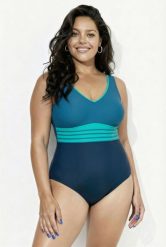 Damski Strój kąpielowy złota lamówka miękkie miseczki dekolt w serek. Niebieskie kostiumy jednoczęściowe damskie Ulla Popken, plus size, bez wzorów, z elastanu, plus size, do pływania. Za 191.99 zł.