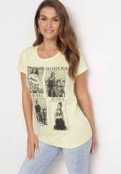 Żółty Bawełniany T-shirt z Nadrukiem i Brokatem Kruita. Żółte bluzki damskie Born2be, l, bez wzorów, z bawełny, bez kołnierzyka. Za 49.99 zł.