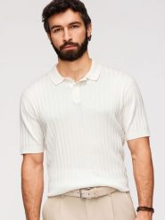 Męska koszulka polo z wiskozą SLIM FIT w pionowy prążek – złamana biel V3 - Rozmiar: L. Koszulki polo męskie Ombre Clothing, l, bez wzorów, z dzianiny, klasyczne, bez ramiączek. Za 209.99 zł.