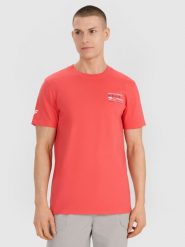4F T-shirt regular z nadrukiem męski - różowy XL. Czerwone koszulki sportowe męskie 4f, m, bez wzorów, z bawełny, eleganckie, bez kołnierzyka. W wyprzedaży za 39.99 zł.