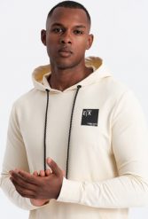 Ombre Bluza męska kangurka z kapturem i logotypem kremowa V2 OM-SSNZ-0162 M. Białe bluzy męskie Ombre, m, bez wzorów, z kapturem. Za 179.99 zł.