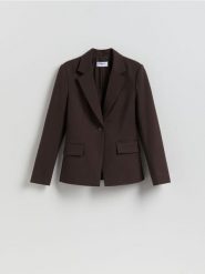 Marynarka z dodatkiem wiskozy - brązowy. Brązowe żakiety damskie Reserved, l, bez wzorów, z tkaniny. Za 199.99 zł.