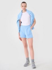 4F Spodenki dresowe damskie - granatowe XS. Niebieskie szorty sportowe damskie 4f, l, bez wzorów, z bawełny, sportowe. W wyprzedaży za 39.99 zł.