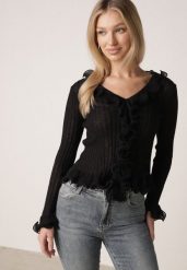 Czarna Prążkowana Bluzka z Wiskozą Ozdobiona Falbanami Pronasia. Czarne bluzki damskie Born2be, m, z aplikacjami, z materiału, eleganckie, bez kołnierzyka, bez ramiączek. Za 119.99 zł.