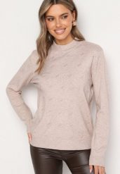 Jasnobeżowy Sweter o Klasycznym Fasonie z Ozdobnymi Cyrkoniami Irithra. Brązowe swetry damskie Born2be, bez wzorów, eleganckie, bez kołnierzyka, bez ramiączek, długie, bez kaptura. Za 64.99 zł.