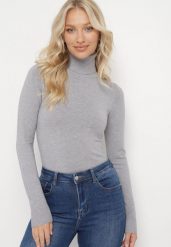 Szary Sweter Golf o Dopasowanym Fasonie Bewina. Szare swetry damskie Born2be, m, z aplikacjami, z dzianiny, bez kołnierzyka, bez ramiączek, długie, bez kaptura. Za 49.99 zł.