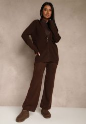 Brązowy Dzianinowy Komplet Dresowy z Wełną Bluza z Kapturem i Spodnie Essana. Brązowe spodnie materiałowe damskie Renee, bez wzorów, z bawełny. Za 139.99 zł.