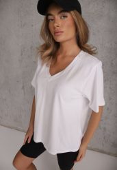 Biały T-shirt Bawełniany z Dekoltem w V Adozixie. Białe koszule damskie Renee, bez wzorów, z bawełny, casualowe, bez kołnierzyka, bez ramiączek. Za 79.99 zł.